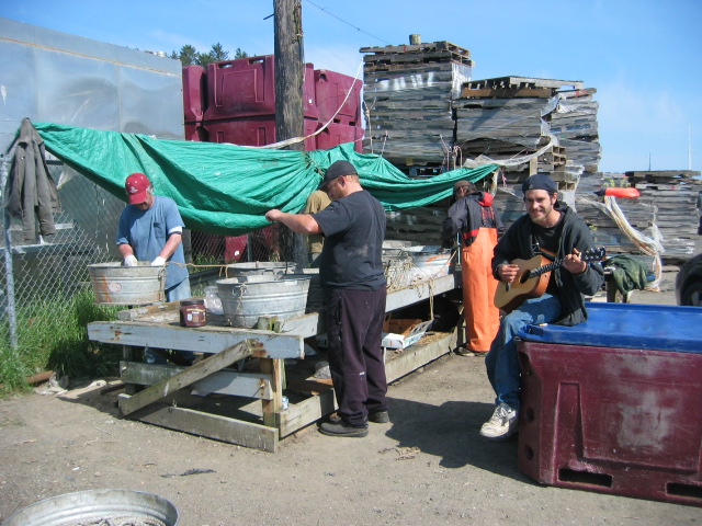 folks baiting for black cod, happy to have us put up for working community as eddy plays music for them..